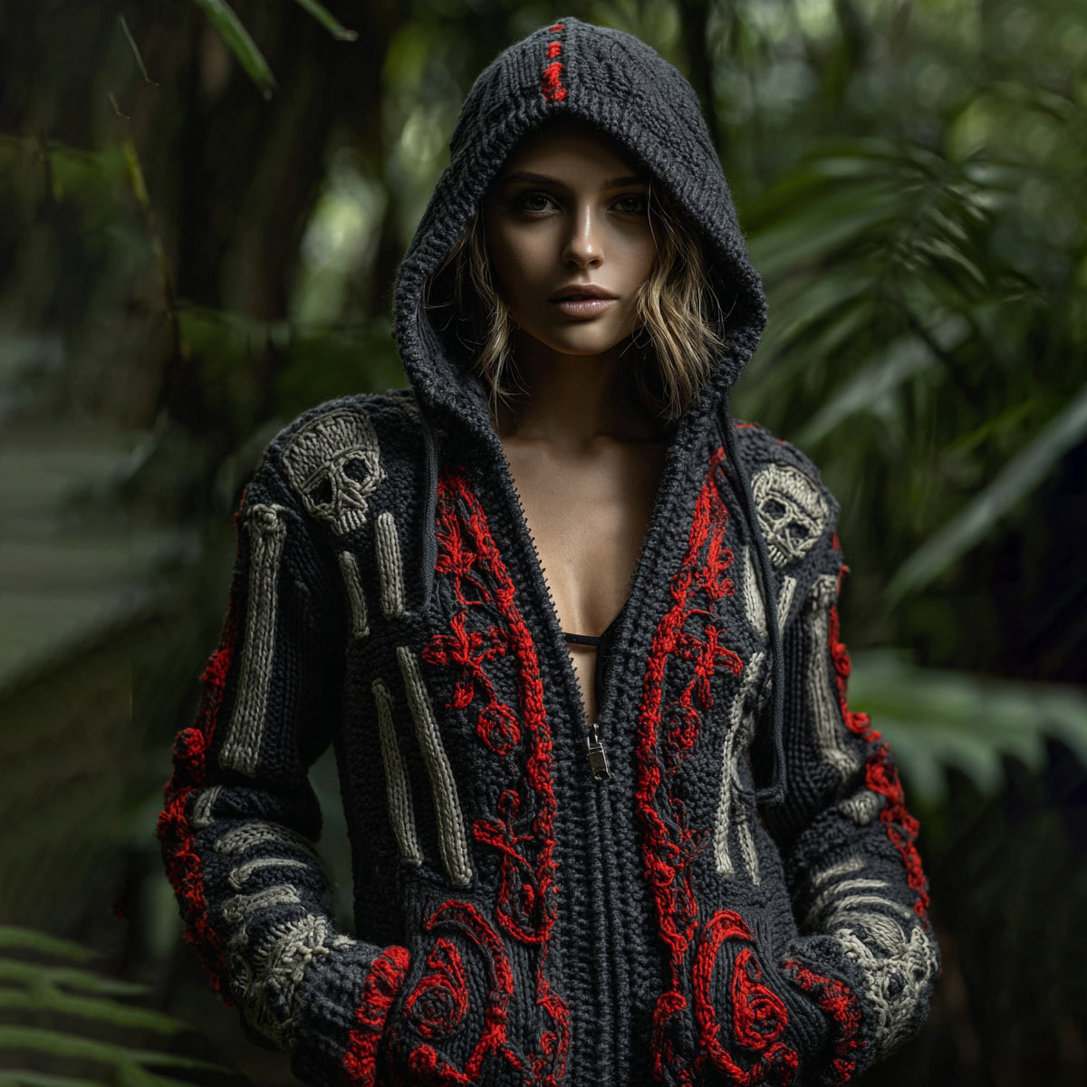 Women's Retro Contrast Skull Cozy Knit Zip Up Hooded Sweater elevenforest