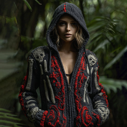 Women's Retro Contrast Skull Cozy Knit Zip Up Hooded Sweater elevenforest