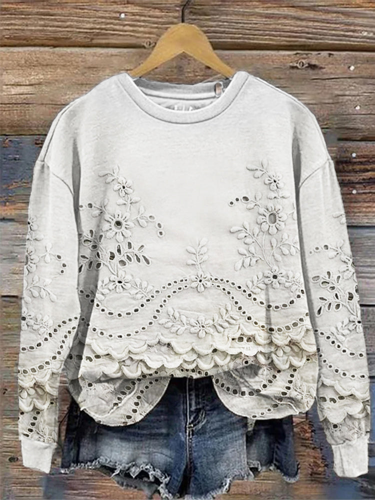 Comstylish Vintage Floral Embroidered Lace Comfy Sweatshirt