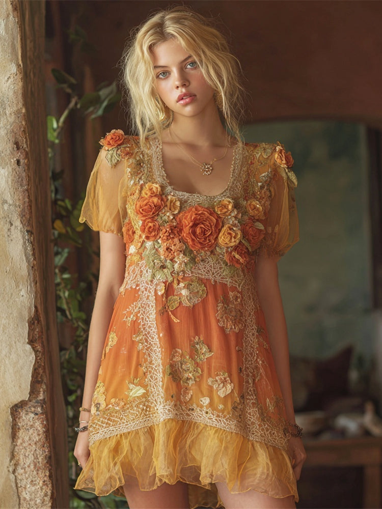 Boho Lace Floral Embroidery Women's Short Sleeve Mini Dress artswardrobe