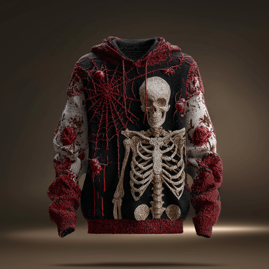 Halloween Spider And Skeleton Skeleton Design Men's Hooded Knit Sweater artswardrobe