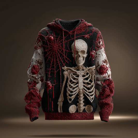 Halloween Spider And Skeleton Skeleton Design Men's Hooded Knit Sweater artswardrobe