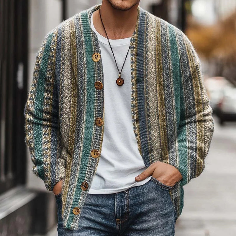 Retro Colorful Ethnic Vertical Stripes Button Cardigan Sweater elevenforest
