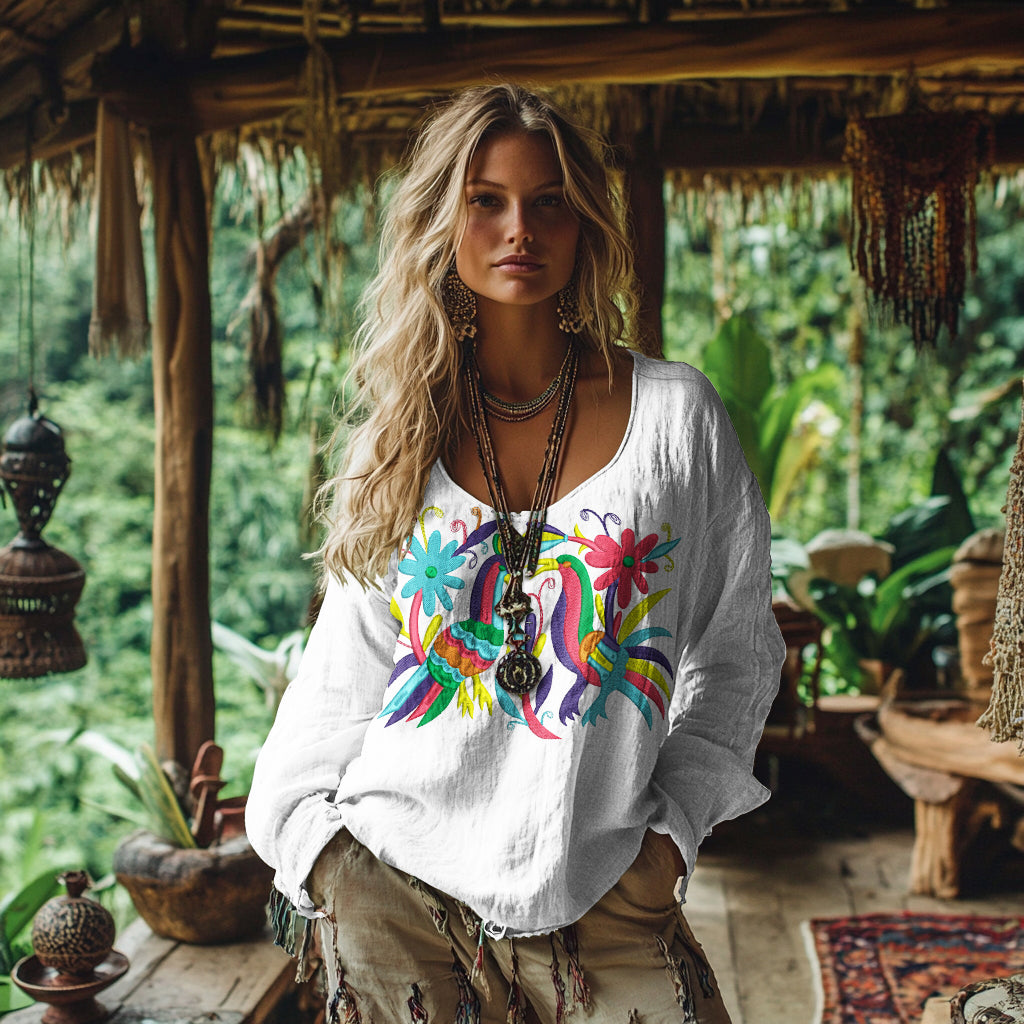 Women's Floral And Bird Art Print Cotton And Linen Shirt artswardrobe