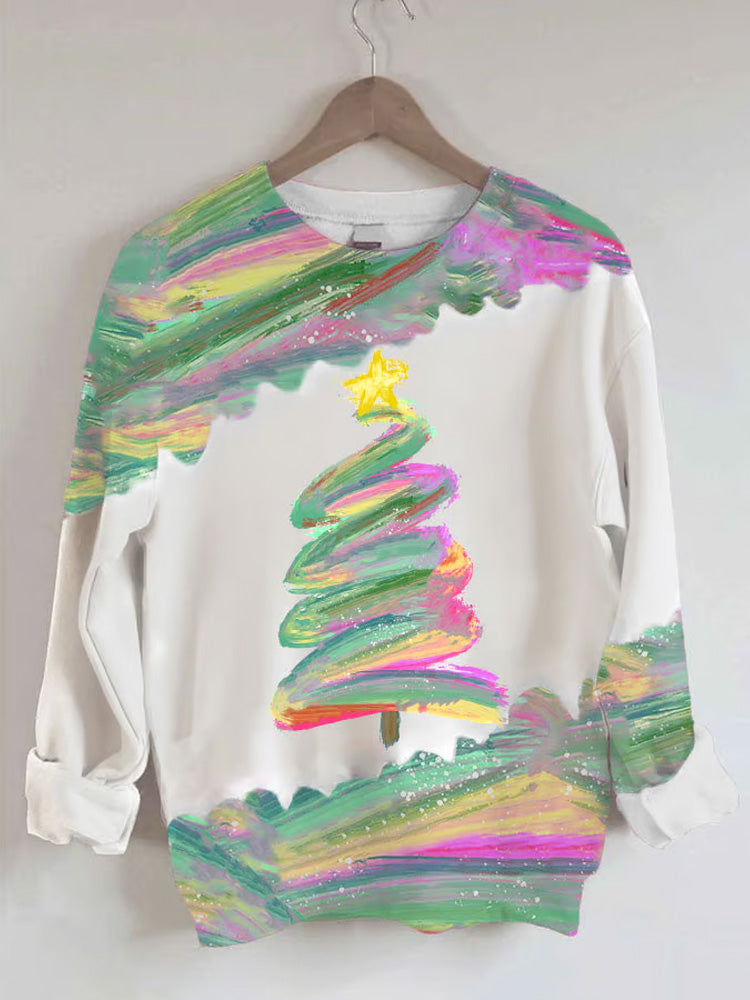 Comstylish Women's Oil Painting Christmas Tree Print Sweatshirt