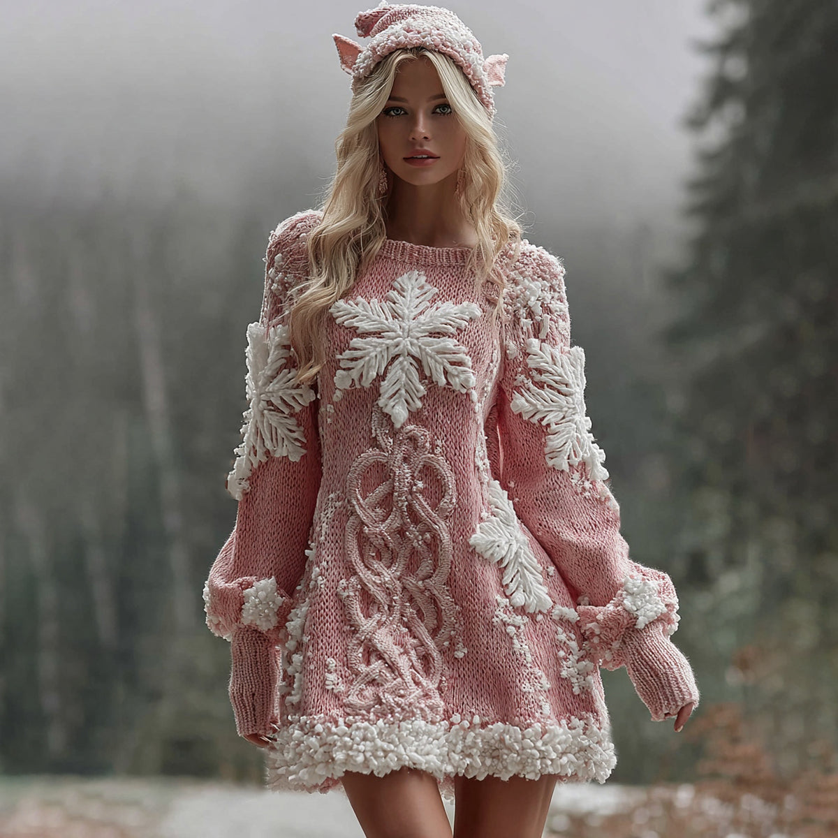 Women's Christmas Snowflake Embroidered Celtic Knot Midi Sweater Dress artswardrobe