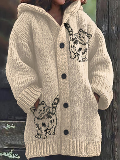 Comstylish Women's Retro Funny Animal Cat Print Cozy Knitted Hoodie Jacket