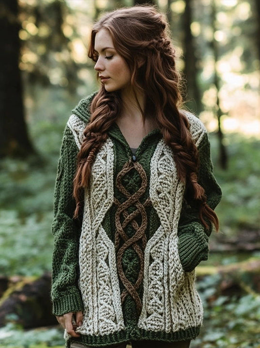 Women's Celtic Knot Contrast Color Knit Hooded Sweater elevenforest