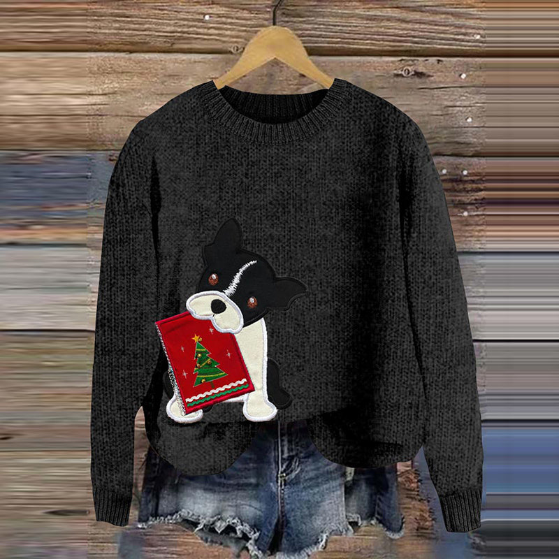Comstylish Funny Christmas Tree Boston Terrier Applique Art Cozy Sweater