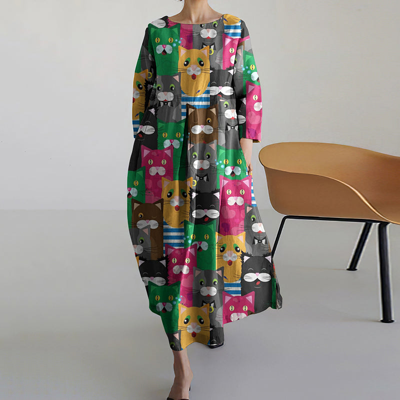 Colorful Fun Cat Print Women's Crew Neck Dress elevenforest