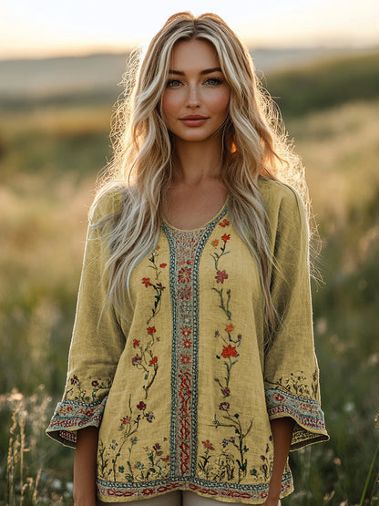 Retro Bohemian Floral Embroidery Art Graphics Linen Blend Loose Blouse artswardrobe