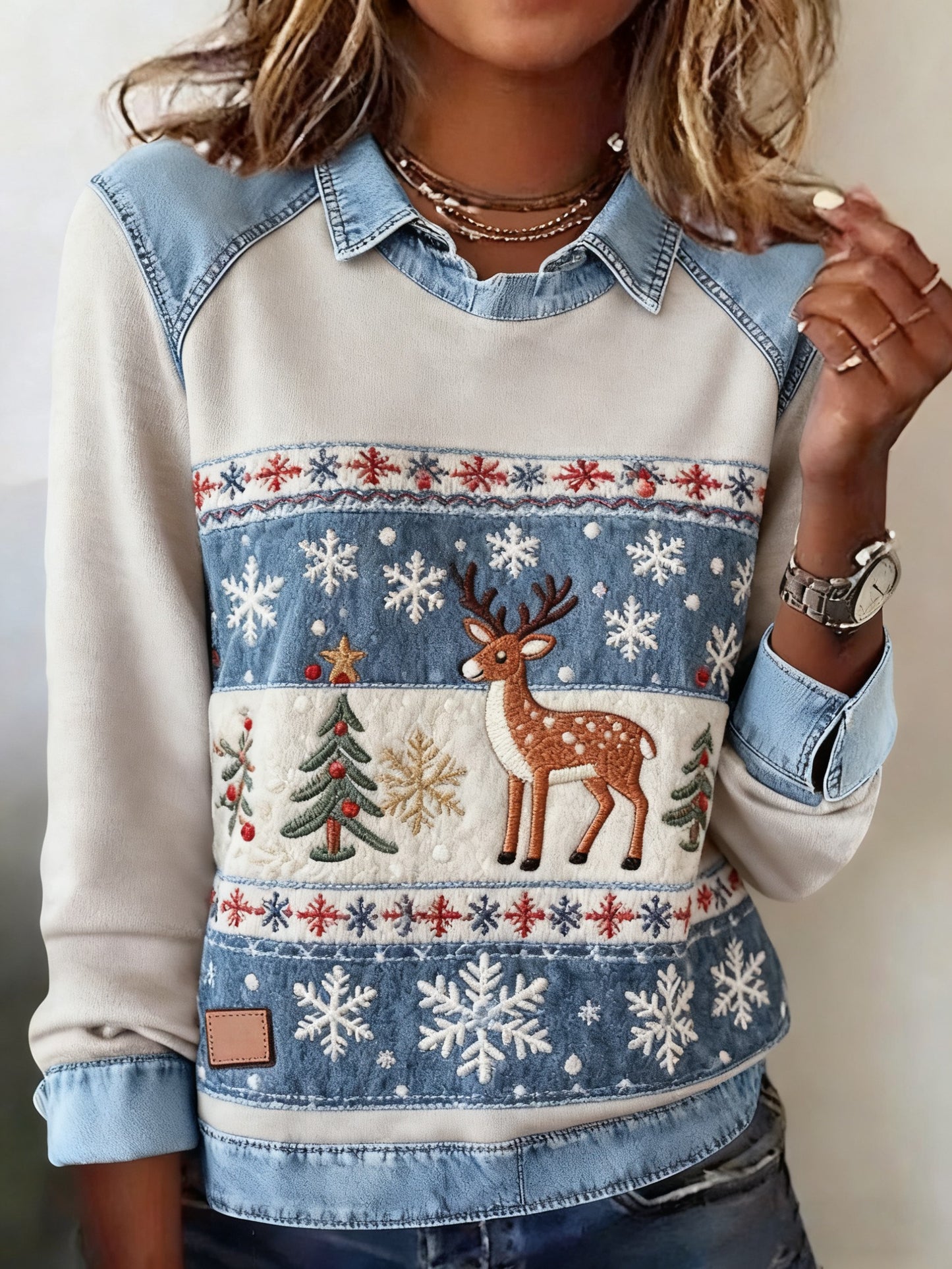 Women's Christmas Casual Lapel Denim Patchwork Pullover Sweatshirt