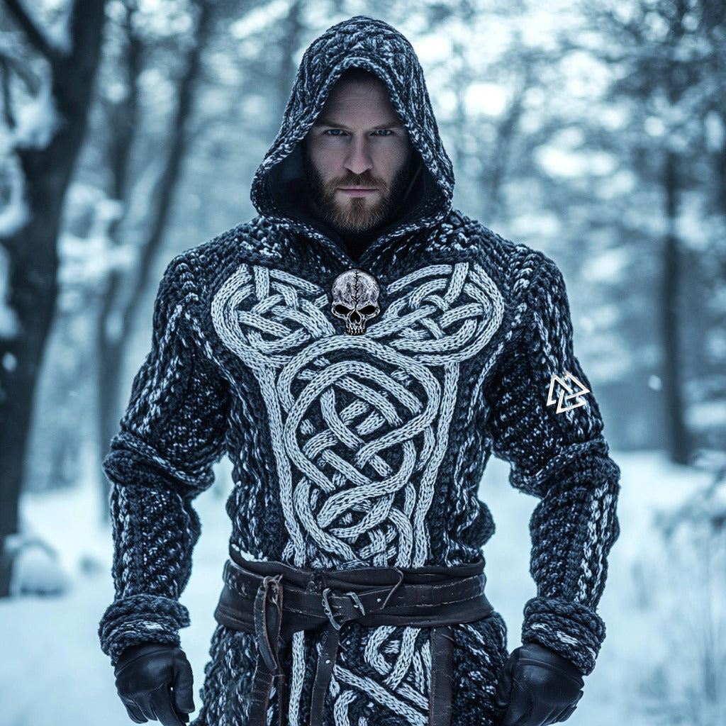 Men's Viking Vegvisir Skull Celtic Chunky Hooded Sweater elevenforest