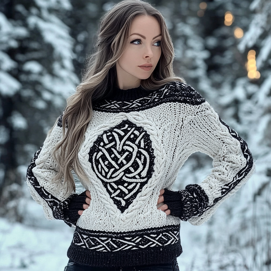 Women's Viking Rune Celtic Knot Jacquard Crew Neck Sweater elevenforest