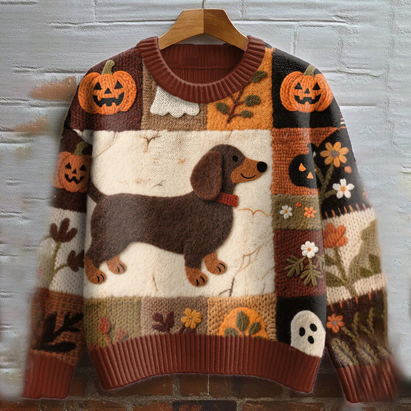 Comstylish Vintage Dachshund Felt Art Inspired Embroidered Cozy Knit Sweater