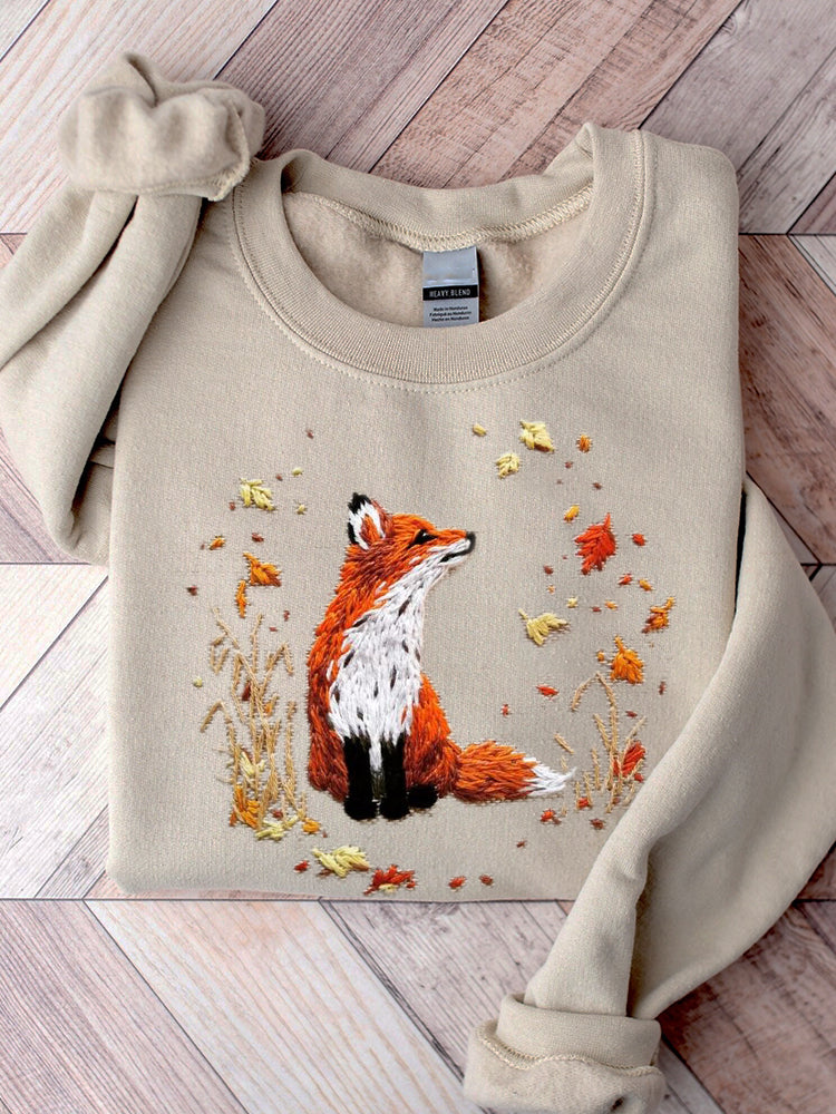 Fox & Falling Leaves Embroidery Art Comfy Sweatshirt artswardrobe