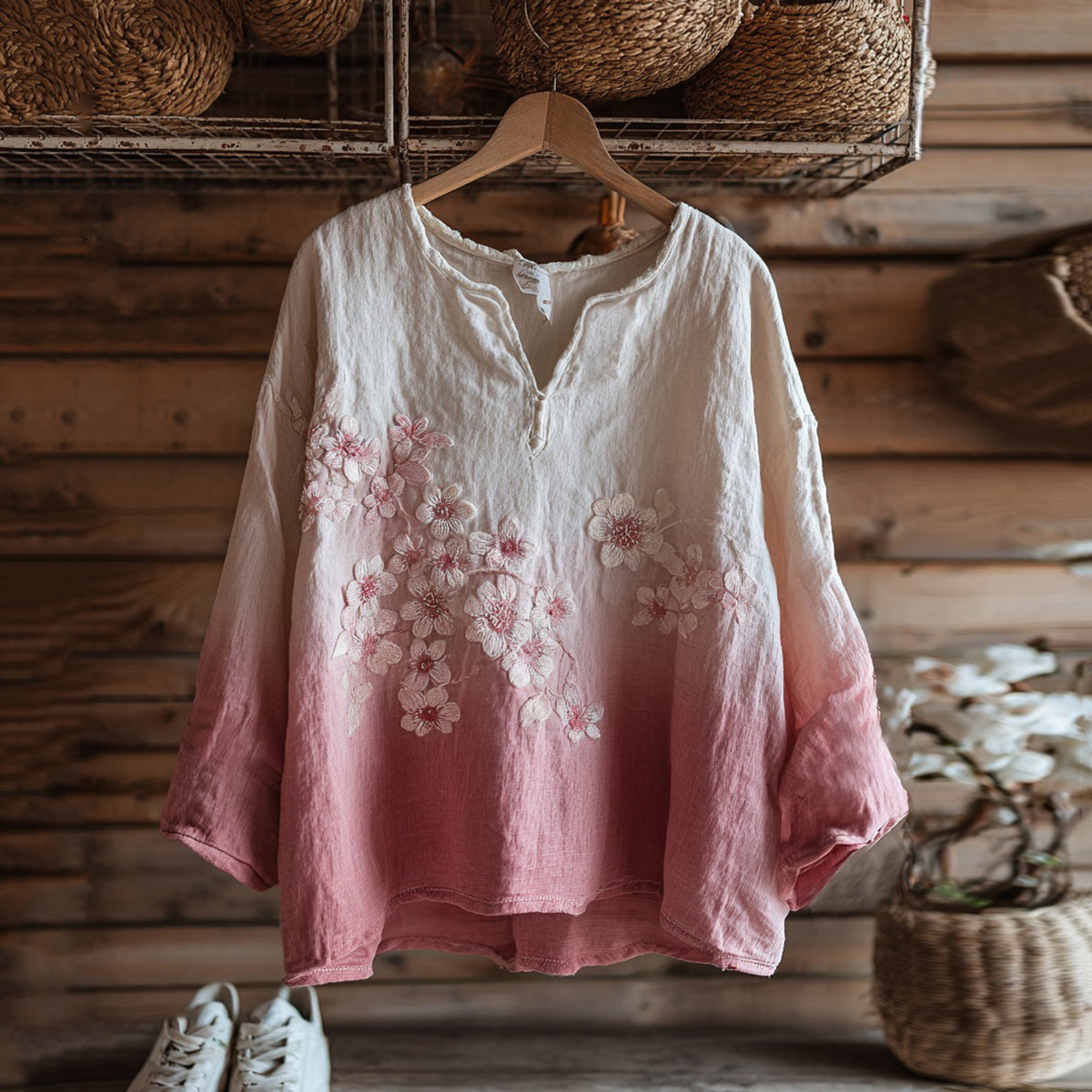 Comstylish Vintage Cherry Blossom Embroidery Gradient Art Linen Comfy Tunic