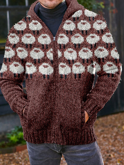 Men's Vintage Sheep Icelandic Pattern Cozy Full Zip Hooded Cardigan elevenforest