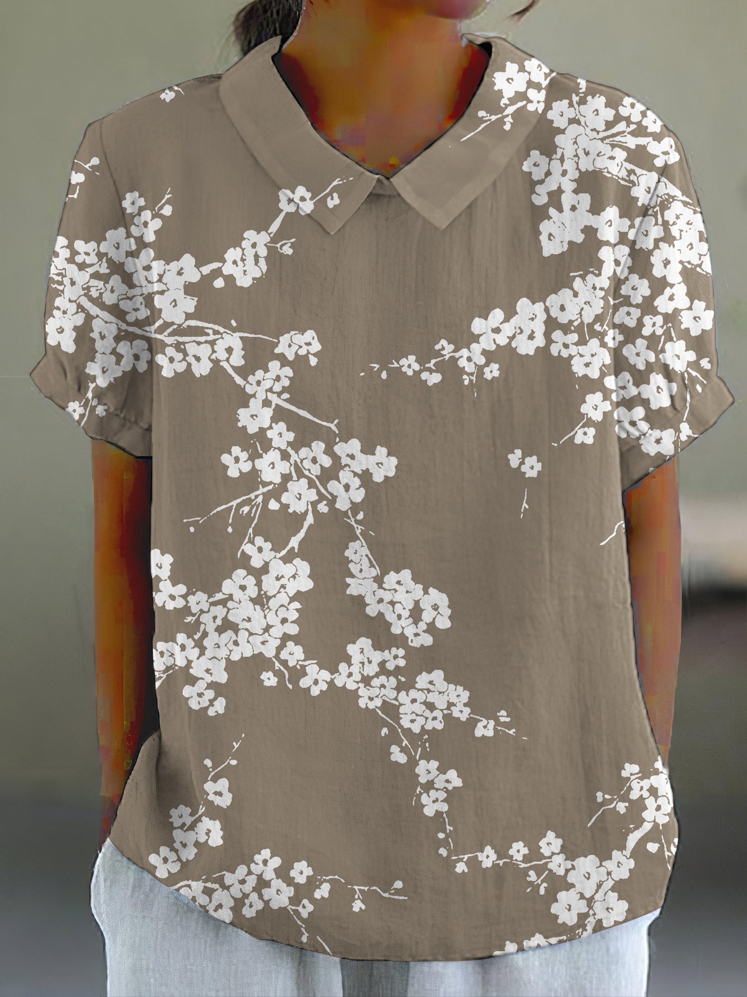 Comstylish Cherry Blossom Japanese Print Casual Cotton Linen Shirt