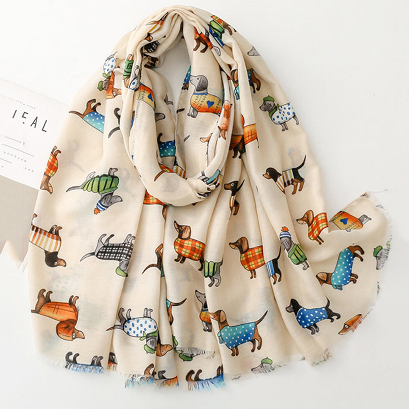 Comstylish Women's Cute Cartoon Dachshund Dog Print Raw Trim Shawl Scarf