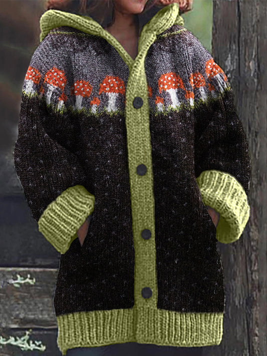 Vintage Mushroom Polka Dots Cozy Knit Hooded Isle Cardigan elevenforest