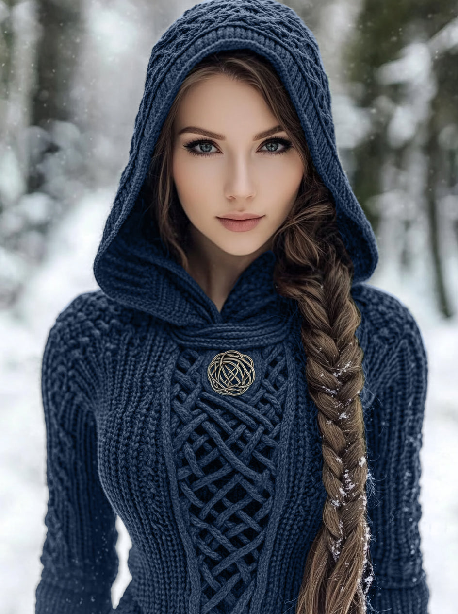 Women's Viking Style Knitted Cozy Hooded Sweater artswardrobe