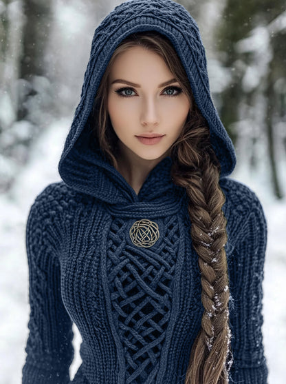 Women's Viking Style Knitted Cozy Hooded Sweater artswardrobe