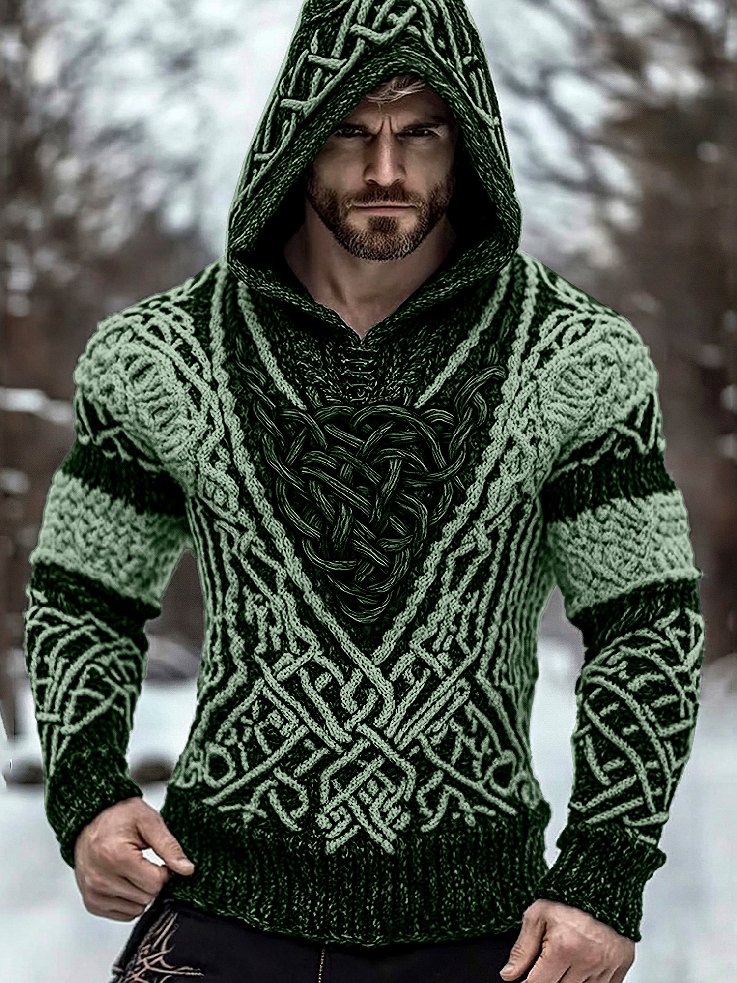 Men's Viking Jacquard Inspired Celtic Hooded Sweater artswardrobe