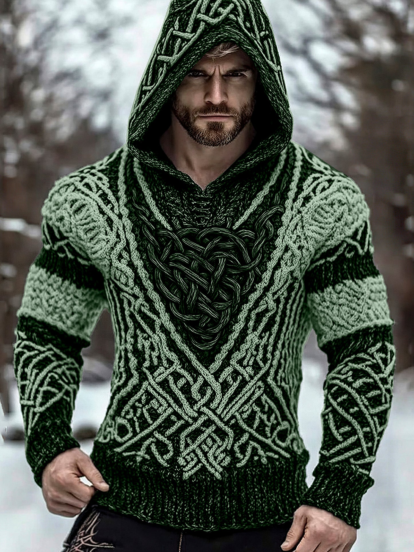 Men's Viking Jacquard Inspired Celtic Hooded Sweater elevenforest