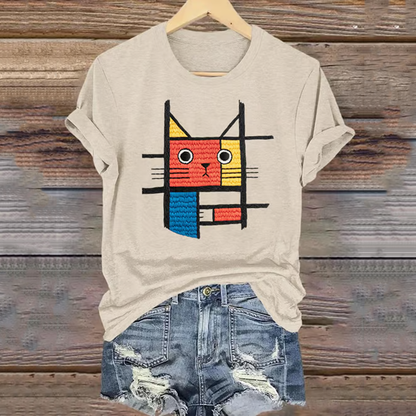 Abstract Creative Geometric  Cat Embroidered  Art Print Cotton Graphic T-shirt elevenforest