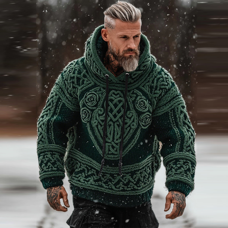 Men's Viking Tribal Jacquard Celtic With Rose Inspired Chunky Knit Hooded Sweater elevenforest