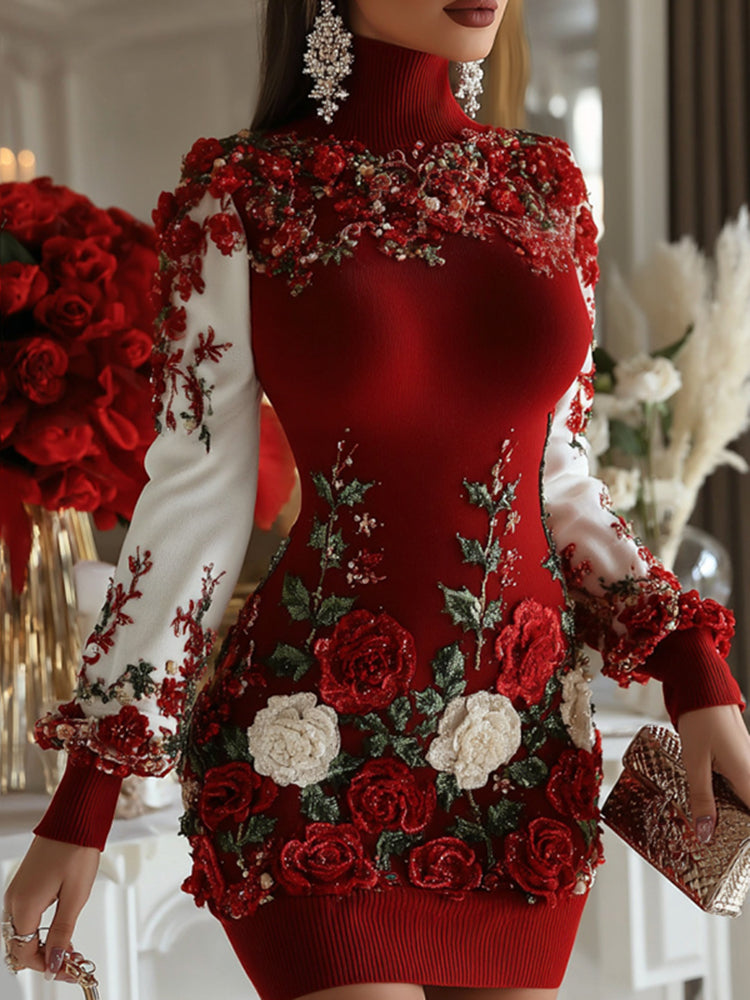 Women's Christmas Holly Leaves And Rose Art Cozy Knit Turtleneck Mini Sweater Dress artswardrobe