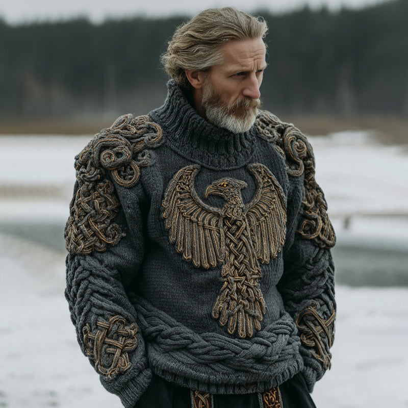 Men's Vintage Viking Celtic Knot Eagle Art Cozy Knit Turtleneck Sweater artswardrobe