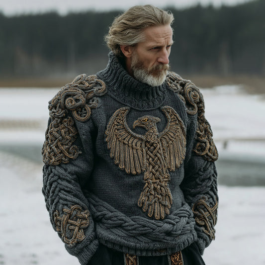 Men's Vintage Viking Celtic Knot Eagle Art Cozy Knit Turtleneck Sweater artswardrobe