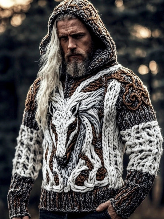 Western Horse Men's Hooded Knit Sweater elevenforest