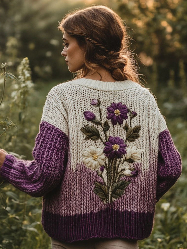 Women's Floral Embroidery Gradient Color Cozy Knit Sweater artswardrobe