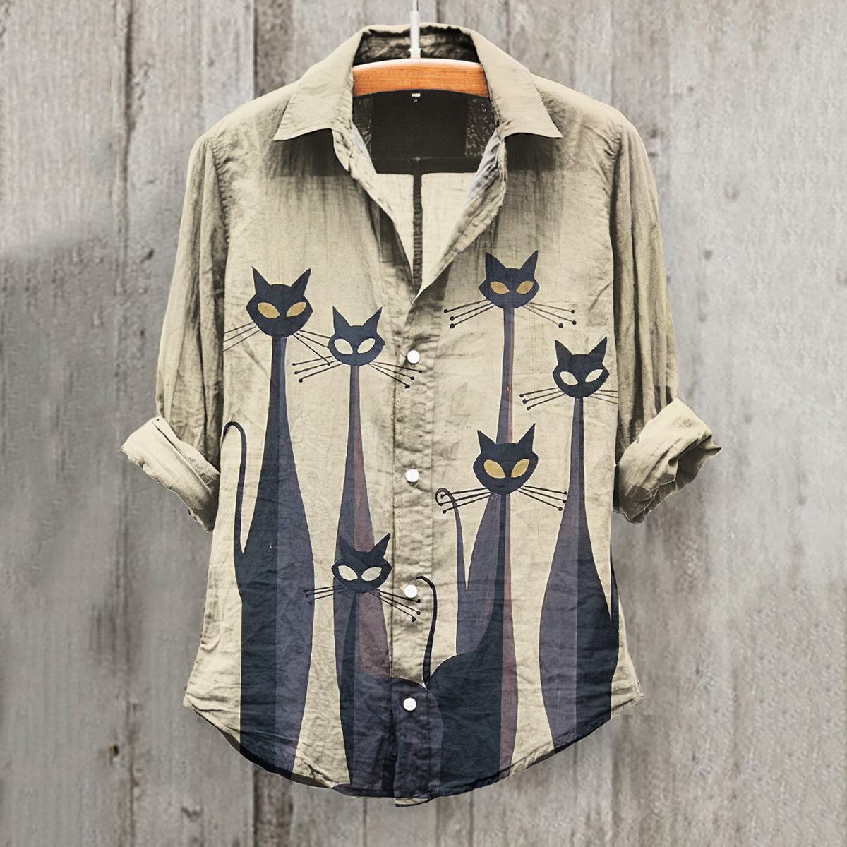 Art Cat Print Lapel Long Sleeve Casual Shirt elevenforest