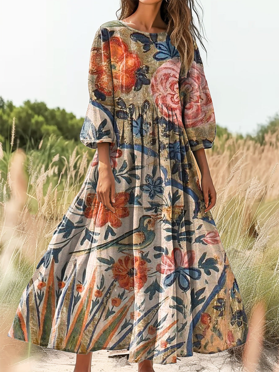 Women's Vintage Ethnic Floral Art Print Flowy Cotton Crew Neck Dress