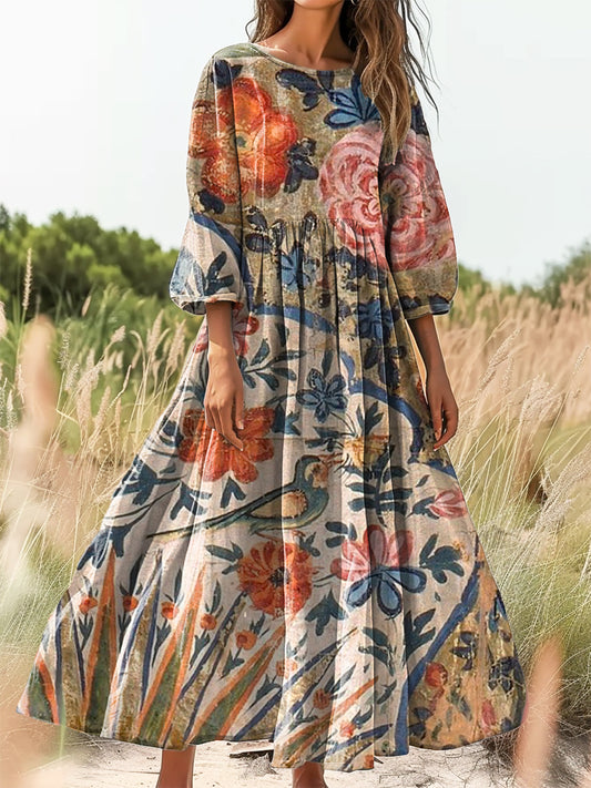 Women's Vintage Ethnic Floral Art Print Flowy Cotton Crew Neck Dress