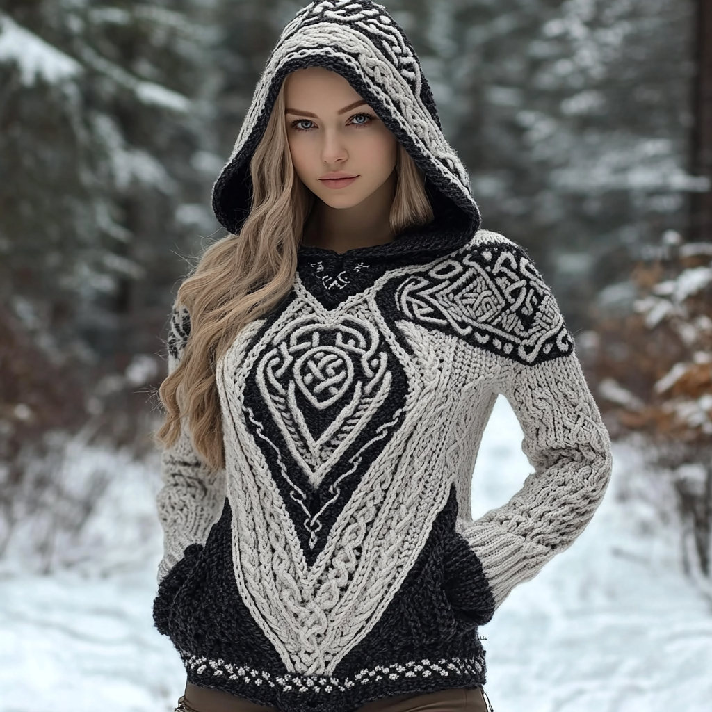 Women's Viking Wolf Style Celtic Thick Hooded Sweater elevenforest