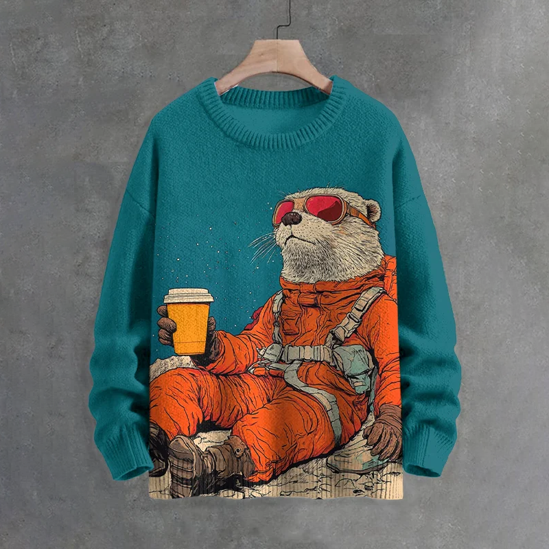 Men's Intrepid Otter Explorer Drinks Coffee In Outer Space Print Knit Crew Neck Sweater elevenforest