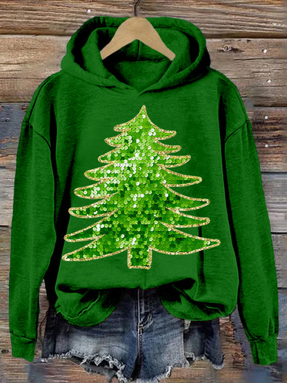 Comstylish Sequin Christmas Tree Embroidered Cozy Hoodie