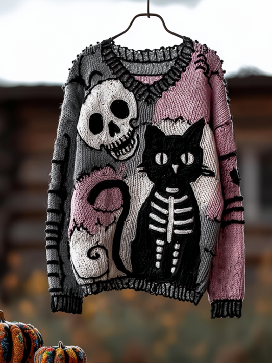 Halloween Cat And Skeleton Pattern Women's V-neck Knit Sweater artswardrobe