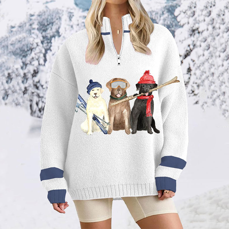 Comstylish Women's Cute Dogs Ski Enthusiast Zip-Up Cozy Sweater
