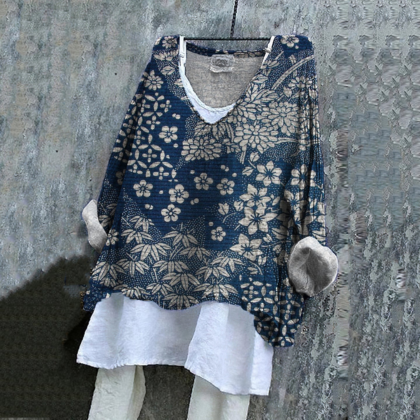 Comstylish Vintage Japanese Art Flower Print V-Neck Blouse