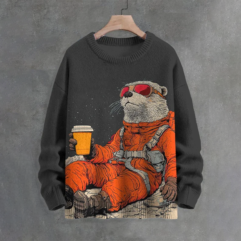 Men's Intrepid Otter Explorer Drinks Coffee In Outer Space Print Knit Crew Neck Sweater elevenforest