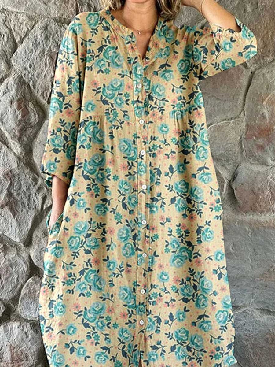 Women's Elegant Floral Pattern Shirt Style Cotton and Linen Dress
