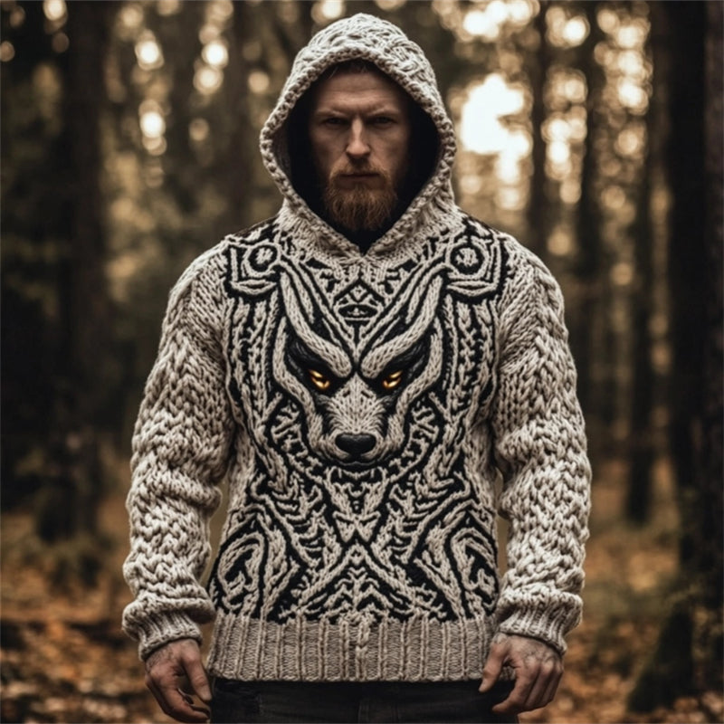 Men's Viking Wolf Celtic Cozy Chunky Hooded Sweater artswardrobe