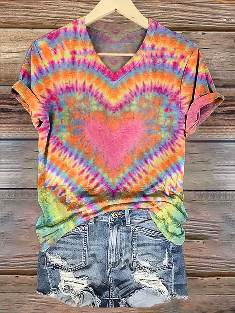 Women's Tie-Dye Heart Art Print V-Neck Casual T-Shirt