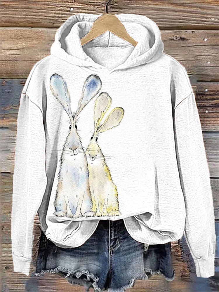 Watercolor Rabbit Casual Cozy Hoodie artswardrobe